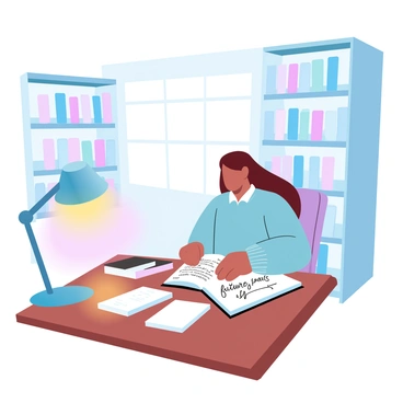 A student is seated at a wooden table in a library, surrounded by tall shelves filled with colorful books. The student, dressed in a cozy sweater, is focused on a notepad that rests open in front of them. The notepad contains neatly written future goals in clear handwriting. A warm light from a nearby lamp softly illuminates the table, creating a comforting atmosphere. A stack of books is placed beside the student, suggesting a range of subjects being studied. A large window is visible in the background, allowing natural light to pour into the library.