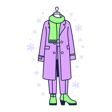 A fashion illustration of a winter outfit is presented on a mannequin. The outfit features a cozy green sweater layered underneath a long purple coat. Wrapped around the neck is a thick, textured green scarf, cascading down the front. The coat has a double-breasted design with button details and a belt cinching the waist. Below, the outfit includes fitted purple trousers and stylish ankle boots. The background showcases a simple winter-themed setting with subtle snowflakes scattered around.