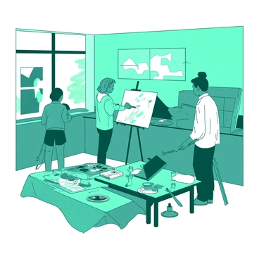 A teal art classroom is filled with students actively painting on white canvases. One student is standing at an easel, applying vibrant strokes of color to their canvas, while another is seated at a table mixing paints. A third student is focusing intently on their brushwork. In the center, a white teacher is standing beside a student, offering guidance and demonstrating a technique. Various art supplies, including brushes, palettes, and a set of paint tubes, are scattered across tables, creating a lively and creative atmosphere in the room.