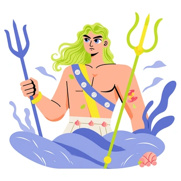 A depiction of "Poseidon" with long, flowing hair that resembles seaweed, cascading around his face and shoulders. His expression is confident and powerful, with piercing blue eyes reflecting the depths of the ocean. He is clad in a regal outfit adorned with shells and coral, emphasizing his dominion over the sea. A trident, glistening with water droplets, is held firmly in one hand. The background features a dynamic ocean scene, with waves crashing and sea creatures swimming around him, showcasing his connection to the marine world.