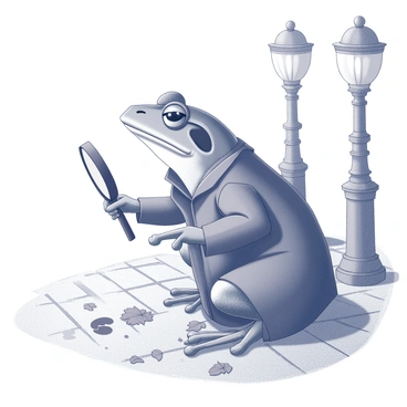 A frog dressed in a Victorian trench coat is squatting on a cobblestone street. The trench coat features a collar and is slightly oversized for the frog's small frame. The frog holds a magnifying glass in one hand, examining a small footprint left in the dirt. Its large, curious eyes are focused intently on the clue. Surrounding the frog are scattered leaves and bits of litter, adding to the scene of a mystery waiting to be solved. The ambiance is detailed with ornate street lamps and shadows cast by nearby buildings.