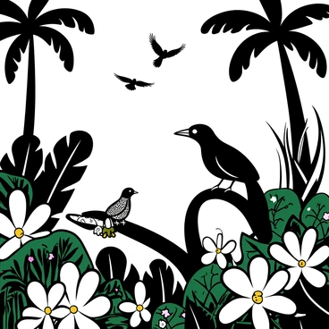 A "colombe" perched on a branch surrounded by lush tropical foliage. Nearby, an "ant" is seen climbing up a vibrant green leaf. In the background, various "exotic birds" with intricate feather patterns are flying among colorful "flowers" blooming in a dense jungle setting. The scene includes towering palm trees and a gentle breeze rustling the leaves. The overall composition conveys a harmonious interaction between the "colombe" and the "ant" within this lush paradise.