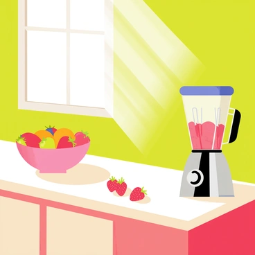 A vibrant kitchen featuring bright green walls and wooden cabinets. A counter is adorned with a shiny silver blender filled with red strawberries. The blender has a transparent container, showcasing the strawberries being blended into a smoothie. Nearby, there are fresh strawberries scattered on the counter, and a colorful fruit bowl filled with various fruits is visible in the background. Sunlight streams through a window, illuminating the scene and casting soft shadows.