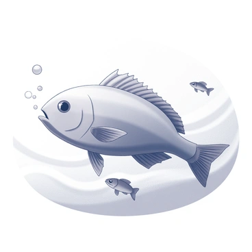 A sunfish swimming in an ocean. The sunfish has a large, flat body and a distinctive rounded shape. Small fish are swimming around it, some darting in and out of the sunfish's shadow. Bubbles can be seen rising from the sunfish as it moves through the water. The ocean is depicted with gentle waves and a sense of depth surrounding the scene.