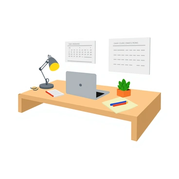 A professional workspace featuring a clean desk layout. The desk is made of light wood and has neatly arranged office supplies, including a sleek silver laptop, a notepad with an elegant pen, and a small potted succulent plant. The workspace includes a modern desk lamp with a warm glow, providing soft illumination. On the wall behind the desk, there are framed motivational quotes and a stylish calendar. The overall design conveys an organized and efficient atmosphere, with a minimalist aesthetic throughout the space.