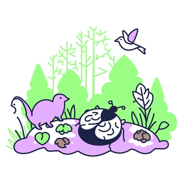 An illustration depicting a forest food chain featuring a beetle. In the center, a beetle with intricate wing patterns is crawling on a patch of soil. Surrounding it, there are various plants and small grass blades. Above the beetle, a bird is flying in the sky, showcasing its keen interest. To one side, a small mammal is peering from behind a tree, while on the ground, there are decomposing leaves providing nourishment for the ecosystem. In the background, tall trees and sunlight filtering through the branches create a vibrant forest setting.