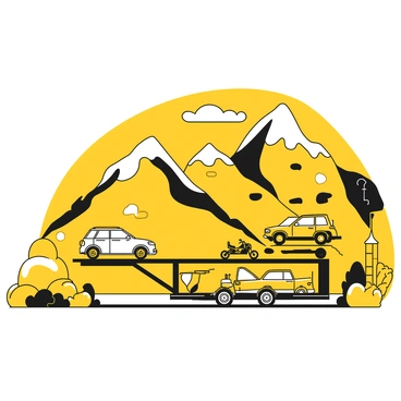 A multi-level open trailer carrying several vehicles is positioned on a winding road through a mountainous landscape. The trailer displays multiple rows, each holding a different vehicle, including a compact car, an SUV, and a motorcycle. The mountains in the background are steep and rugged, with jagged peaks rising into the sky. Various shades of black and white depict the rocky terrain and scattered patches of vegetation. The sunlight casts shadows on the trailer and the vehicles, highlighting their forms and details. The scene captures the essence of an adventurous journey through nature.