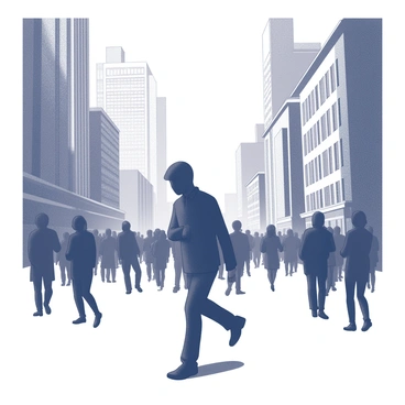A faceless silhouette walking through a bustling city street with tall buildings in the background.