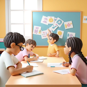 A group of three students sitting at a wooden table, each engaged in solving math puzzles. The first student, a girl with glasses, is writing on a notebook while looking at a colorful classroom board filled with various math problems. The second student, a boy with curly hair, is pointing at a specific puzzle on the board, showing excitement. The third student, a girl with long braids, is holding a pencil and looking thoughtfully at her paper. The classroom has bright walls and is decorated with educational posters. Sunlight is streaming through a window, casting soft shadows on the table.