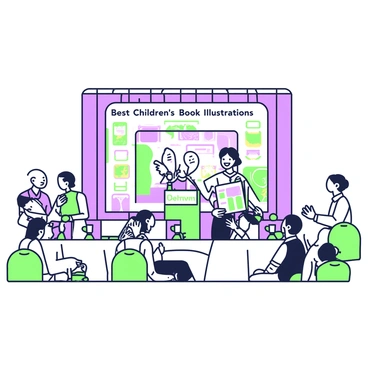 A spacious auditorium is filled with attendees at an awards ceremony. In the center, there is a large stage adorned with a colorful backdrop featuring illustrations from various children's books. To the left, a podium stands with a "Best Children's Book Illustrations" sign. Several tables are set with centerpieces showcasing children's book covers and small trophies. People in formal attire are seated, some holding programs and others chatting excitedly. On the stage, an illustrator is receiving an award, smiling while holding a framed illustration. Behind the stage, a large screen displays the winning artwork alongside the artist’s name.