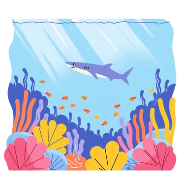 An underwater scene featuring a vibrant coral reef. The reef is populated with various colors of coral, including pink, yellow, and purple. Schools of small fish, in shades of blue and orange, swim around the coral. A sleek shark glides gracefully in the background, its fin cutting through the water. Larger fish are seen hunting smaller fish, showcasing the dynamics of the food web. Sunlight filters down from the surface, casting bright beams that illuminate the colorful underwater landscape.