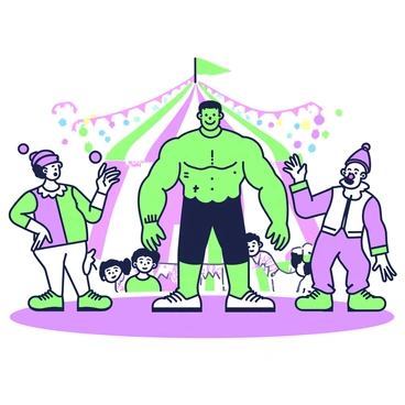 A circus scene featuring "Frankenstein's monster" standing center stage. The monster has a green skin tone, visible stitches, and a muscular build. Surrounding him are two clowns, one on each side. The first clown, with a brightly colored costume, is juggling colorful balls, while the second clown, wearing oversized shoes and a red nose, is dancing playfully. Behind them, a colorful striped tent can be seen, with bright lights illuminating the scene. An audience of various characters, including children and adults, is watching with expressions of excitement and amazement.