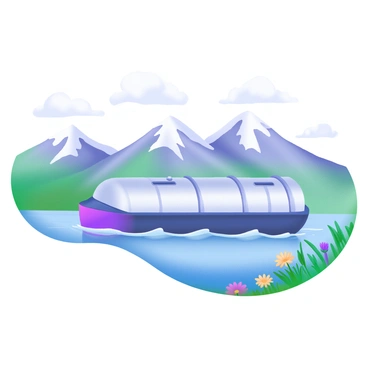 A tank barge floating on calm water, with its sleek design and metallic surface reflecting the sky. In the background, a range of majestic mountains rises, their peaks dusted with snow and exhibiting various shades of green and brown in the lower elevations. Fluffy white clouds drift above the mountains, casting soft shadows on the landscape. The foreground features gentle waves lapping at the sides of the barge, while patches of colorful wildflowers are visible along the water’s edge, adding a vibrant touch to the serene scene.