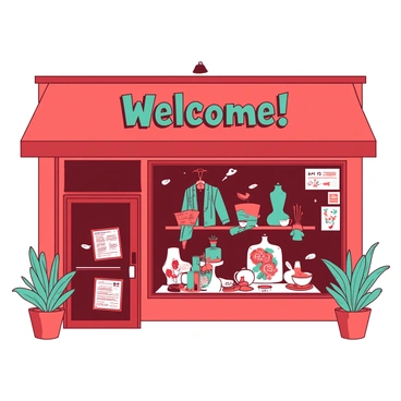 A red thrift store storefront features a large window showcasing a variety of eclectic second-hand items, such as vintage clothing, quirky home decor, and colorful trinkets. The welcoming sign above the entrance is painted in bold teal letters that read "Welcome!" The storefront has potted plants on either side of the door, adding a touch of greenery. The window display is well lit, highlighting the unique items within and inviting passersby to explore.