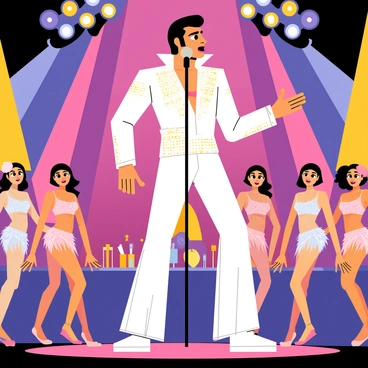 Elvis is wearing a sparkling white jumpsuit with a high collar, standing center stage in a large, vibrant concert hall. Surrounding him are colorful, flashing lights in shades of pink, blue, and yellow. A group of showgirls, dressed in glamorous feathered costumes with sequins, dance gracefully on either side of him. The atmosphere is filled with excitement as the audience, depicted with animated expressions, enjoys the lively performance. A microphone stands in front of Elvis, capturing his charismatic presence as he sings passionately into it.
