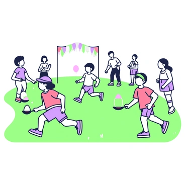 A group of children is engaged in an egg and spoon race in a grassy field. Each child holds a spoon with an egg balanced on it. One child, wearing a blue hat, is sprinting ahead of the others, focusing intently on keeping the egg steady. Another child, dressed in a red t-shirt, is carefully moving forward, glancing at the egg on the spoon. A third child, sporting a green headband, laughs as they run, with their egg wobbling precariously. In the background, several parents and friends are cheering, and a colorful finish line made of balloons is visible.