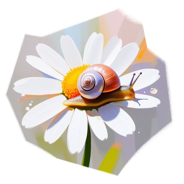 A small, green snail with a shiny shell is slowly making its way across a white daisy petal. The delicate petal has a soft, velvety texture, and the bright yellow center of the daisy is visible in the background. The snail leaves a slimy trail behind as it moves, and droplets of dew can be seen glistening on the petal in the morning light. The scene captures the gentle, intricate details of nature in a vibrant, picturesque setting.