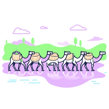 A caravan of camels is crossing the shallow parts of the Euphrates River. The camels are moving in a single line, their legs partially submerged in the water. Each camel is loaded with burlap sacks and woven baskets on their sides. In the background, gentle riverbanks are visible with sparse greenery. The surface of the water reflects the shapes of the camels as they move forward. A clear sky is above, with a few scattered clouds. In the distance, there are faint outlines of trees and mountains on the horizon.