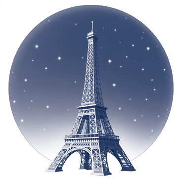 The Eiffel Tower stands tall against a dark night sky. The tower is intricately detailed, showcasing its iron lattice structure. Surrounding the tower, a scattering of twinkling stars adds a sense of depth to the scene. The overall composition emphasizes the grandeur of the tower in contrast with the vastness of the night sky.