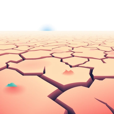 A vast expanse of parched, cracked earth stretches across the foreground. The ground showcases intricate, geometric patterns formed by deep fissures and ridges, revealing its dry texture. Small, scattered patches of dusty soil contrast against the bold lines of the cracks. In the background, a light gradient hints at a blue sky, creating a sense of distance and openness. The sun casts soft shadows within the crevices, emphasizing the detailed textures of the landscape.