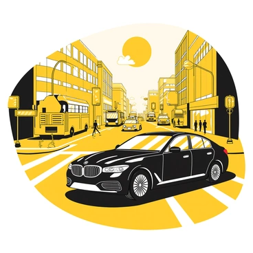 A black BMW sedan driving through a busy urban street during the morning rush hour. The car has a sleek design, with shiny black exterior and intricate details on the body. Around the BMW, there are various vehicles including buses, trucks, and bicycles, all moving in different directions. The street is lined with tall buildings, and pedestrians are walking along the sidewalks. Streetlights are visible, as well as traffic signs guiding the flow of the busy morning traffic. The sky above is brightening with the early sunlight, creating dynamic shadows on the ground.