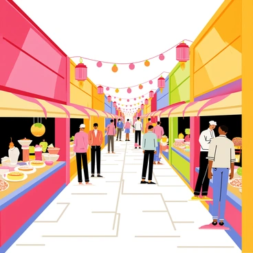 A vibrant alley filled with colorful street food stalls. Each stall has a unique design, showcasing a variety of snacks and meals. There are bright red lanterns hanging above the stalls, casting warm light on the scene. One stall offers steaming bowls of noodle soup, while another displays skewered meats grilling over an open flame. A third stall has an assortment of fresh fruits and brightly colored desserts. The ground is paved with cobblestones, and there are people gathered around the stalls, enjoying the delicious food. The atmosphere is lively and bustling with energy as food aromas fill the air.