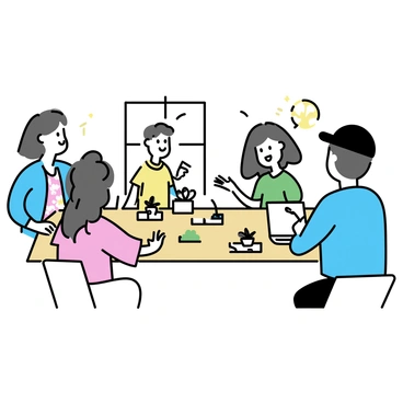 A group of four activists sitting around a wooden table. The table is adorned with nature-themed decor, including small potted plants and recycled paper notebooks. One activist, wearing a green shirt, is gesturing emphatically while discussing environmental solutions. Another activist, dressed in a blue jacket, is taking notes. A woman in a floral dress is listening intently, while a man in a black cap is looking at a laptop placed on the table. Sunlight filters through a nearby window, highlighting the vibrant colors of the decor.