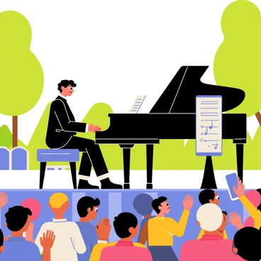 A pianist sitting at a grand piano on an outdoor stage, with bright lights illuminating the performance area. The pianist is wearing a formal black suit, focused on playing the keys, while sheet music is visible on the stand. A large crowd is gathered in front of the stage, showing diverse expressions of enjoyment and excitement. Some audience members are clapping their hands, while others are capturing the moment on their smartphones. Green trees and a clear blue sky can be seen in the background, creating a lively atmosphere for the concert.