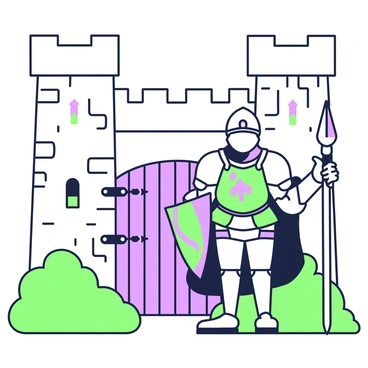 A medieval soldier is standing guard at the gates of a castle. He is wearing a suit of armor that glistens in the light, complete with a helmet and a chest plate. The soldier holds a large spear in his right hand, and his left hand rests on a shield adorned with a unique emblem. Behind him, the castle gates are made of heavy wood, featuring iron hinges and a large iron lock. The castle itself has tall stone walls with battlements visible at the top. Lush greenery surrounds the base of the castle, providing a contrast to the sturdy structure. The sky above is clear, emphasizing the important role of the soldier in protecting the castle.