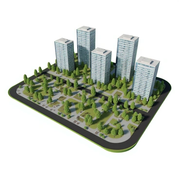 A 3D map featuring an urban redevelopment area that showcases a blend of green spaces and modern buildings. The map highlights several high-rise buildings with sleek glass facades and contemporary architectural designs. Surrounding these structures are lush green parks filled with trees, shrubs, and walking paths. Public squares with benches and recreational areas are integrated into the design. Pathways connect various sections of the redevelopment, and there are areas designated for community gardens. The overall arrangement emphasizes an environmentally friendly urban environment.