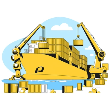A large industrial port scene featuring multiple robotic cranes. Each crane is actively loading yellow containers onto a massive cargo ship docked at the pier. The ship is towering with containers stacked high on its deck. The cranes are depicted with detailed mechanical structures, showcasing their articulated arms reaching out towards the containers. The background includes a blue sky with a few clouds, while the water reflects the massive ship and cranes. Ground-level details show cargo containers scattered around the port area.