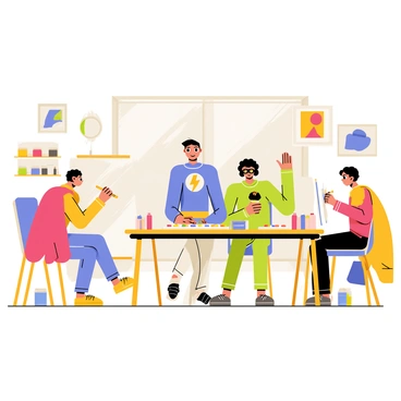 A group of cartoon superheroes is gathered in an art classroom, each character showcasing a unique costume that reflects their powers. One hero, wearing a bright red cape, is intently sketching on a large white canvas with a pencil. Another hero, dressed in blue with a lightning bolt emblem, is mixing colors on a palette, surrounded by paint tubes scattered across the table. A third hero, in green with a mask, raises their hand to ask a question, while a fourth hero with a golden shield is drawing on a sketchpad. The room is filled with various art supplies, including paints, brushes, and canvases, creating a lively and creative atmosphere. The walls are adorned with colorful artwork created by the superheroes.