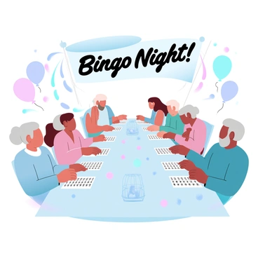 A group of seniors is seated around a large table, each holding a bingo card and looking focused. They are surrounded by colorful bingo markers scattered across the table. The community center is bright and filled with cheerful decorations, including balloons and streamers. In the background, a large banner reads "Bingo Night!" in bold letters. Some seniors are leaning closer to the table, while others are laughing and chatting amongst themselves. A few bingo balls are visible in a cage at the side, ready to be drawn.