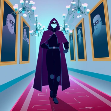 A masked figure dressed in a sleek, dark cloak is stealthily moving through a grand hallway. The hallway is lined with large, ornate portraits framed in gold, depicting various regal figures from different time periods. The floor is covered with a richly patterned carpet that adds an air of luxury to the setting. Dim light from elegant chandeliers illuminates the scene, casting shadows that create a mysterious atmosphere. The figure's body language conveys a sense of urgency and caution as they navigate the opulent surroundings.