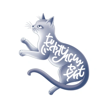 A tattoo design featuring a cat in a dynamic pose. The cat's tail gracefully curves and twists, forming elegant calligraphy or script. The body of the cat is well-defined, showcasing its features such as pointed ears and whiskers. The calligraphy is intricately intertwined with the tail, creating a seamless flow between the feline and the text. The overall composition is balanced, with the cat's body supporting the script in a visually appealing manner.