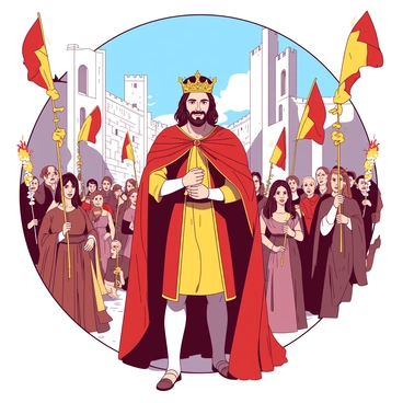 A celebration scene unfolds in Gondor as "Aragorn" stands proudly at the center, wearing a regal crown adorned with intricate designs. He is draped in an elegant cloak with golden embroidery that catches the light. Around him, various nobles and citizens gather, their faces filled with joy and admiration. Bright banners in shades of red and yellow flutter in the gentle breeze, adding a festive atmosphere to the ceremony. The background showcases the majestic architecture of Gondor, with tall white towers and stone walls, under a clear blue sky. A lively crowd holding torches and flowers surrounds Aragorn, symbolizing their support and love for their new king. The air is filled with excitement as the moment of his crowning is celebrated with cheers and music.