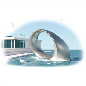 A large, modern sculpture made of polished stainless steel, shaped like a stylized wave. The sculpture is situated outside a ferry terminal, with the structure of the terminal visible in the background, featuring large glass windows and a low-profile roof. The ocean waves gently reflect light on the surface of the sculpture, creating a shimmering effect. A few seagulls are flying around, and the ocean is visible in the distance, with a clear blue sky above. The scene conveys a sense of movement and flow, harmonizing with the theme of the surrounding environment.