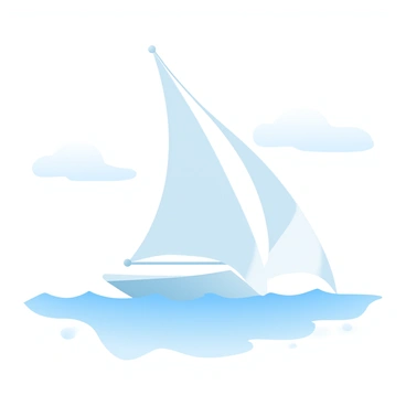 A sailboat with a single triangular sail is gliding across a vast expanse of water. The sail is billowing in the wind, showcasing smooth, flowing lines. The sea is calm, undulating gently with subtle waves. In the background, a soft horizon line separates the water from the sky. Above the sailboat, there are delicate clouds, adding a sense of depth to the scene. The overall composition features linear simplicity, with a focus on the graceful movement of the boat and the tranquil setting.