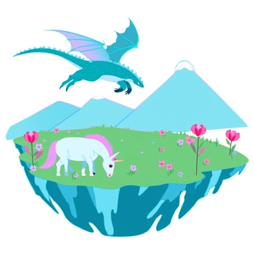 A vibrant landscape featuring a flat Earth with a clear blue sky above. In the foreground, a majestic dragon with emerald green scales and large, iridescent wings soars gracefully above the ground. Nearby, a pure white unicorn with a spiraled, golden horn grazes peacefully on lush green grass. Various colorful flowers dot the landscape, adding bursts of color. In the distance, gentle hills rise against the horizon. The scene captures the harmonious coexistence of these mythical creatures in their natural environment.