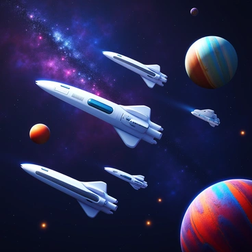 A futuristic space scene featuring multiple sleek spacecraft of various designs in motion. The background displays a vast expanse of deep space filled with intricate, colorful nebulae and clusters of stars. Distant planets with unique textures and colors are visible, some with rings similar to Saturn, while others have vibrant surfaces with detailed atmospheric patterns. The scene is illuminated by the glow of distant suns, casting soft light on the spacecraft and planets.