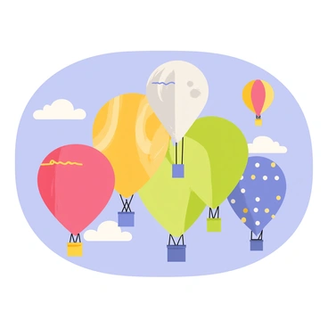 An array of hot air balloons in a spectrum of colors, including red, blue, yellow, green, and purple, is floating in a clear blue sky. Each balloon has a unique pattern, such as stripes and polka dots. The balloons vary in size, with some larger and some smaller, creating a dynamic composition. They are gently swaying in the air, and a few fluffy white clouds can be seen in the background, adding depth to the scene.