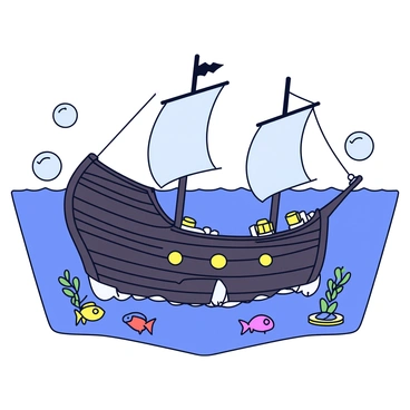 A pirate ship with a dark wooden hull, partially submerged in clear blue water. The ship has large sails torn and hanging, showing signs of age and battle. Through the gaps in the hull, glimmers of gold coins, sparkling jewels, and ancient artifacts are visible. Colorful fish swim around the shipwreck, and seaweed gently sways in the water. Bubbles float to the surface, creating a sense of movement in the tranquil underwater scene.