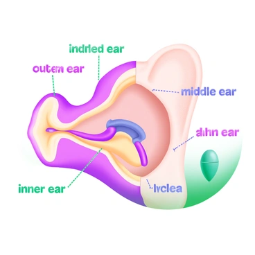 A cross-sectional illustration of the human ear displaying the "outer ear," "middle ear," and "inner ear" sections. The outer ear includes the "pinna" and "ear canal," clearly labeled and depicted with soft pastel colors. The middle ear features the "ossicles" – the malleus, incus, and stapes – arranged accurately. The inner ear showcases the "cochlea," "semicircular canals," and "auditory nerve," all defined with intricate detail. Each section is labeled with clear, legible text in a harmonious color scheme, enhancing the overall educational aspect of the illustration.
