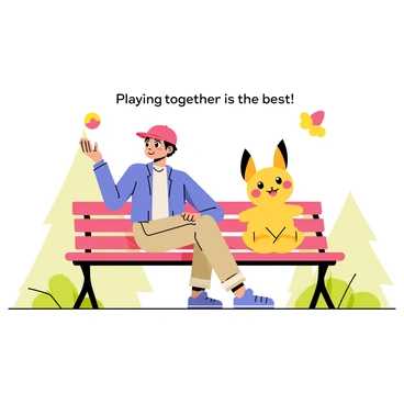 A trainer with a bright red cap and a blue jacket is sitting on a wooden park bench. The trainer has a big smile on their face while playfully tossing a small, colorful ball. Next to the trainer, a cheerful Pokémon companion, a small yellow creature with large ears and a happy expression, is eagerly reaching for the ball. The park is filled with green grass and a few trees in the background, while a couple of butterflies are fluttering nearby. "Playing together is the best!" is written in a playful font above them.