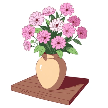A rustic tan vase sits on a textured brown wooden table, filled with a vibrant bouquet of mayflowers in various shades of pink and white. The mayflowers have delicate petals and green leaves, creating a lively appearance against the earthy tones of the table. Sunlight casts gentle shadows from the vase onto the table's surface, highlighting the natural grain of the wood. The arrangement of flowers appears fresh and inviting, adding a touch of nature to the rustic setting.