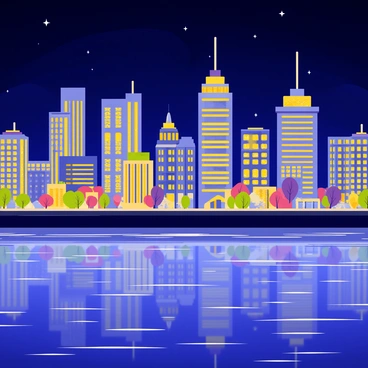 A vibrant city skyline illuminated at night with various buildings adorned in colorful lights. The windows of the skyscrapers shine with warm yellow and cool blue hues. Below, a nearby river reflects the dazzling lights, creating a shimmering effect on the water's surface. The scene includes softly rippling water, enhancing the reflection of the vibrant city. The night sky is dotted with a few scattered stars, adding to the atmosphere of a lively urban environment.