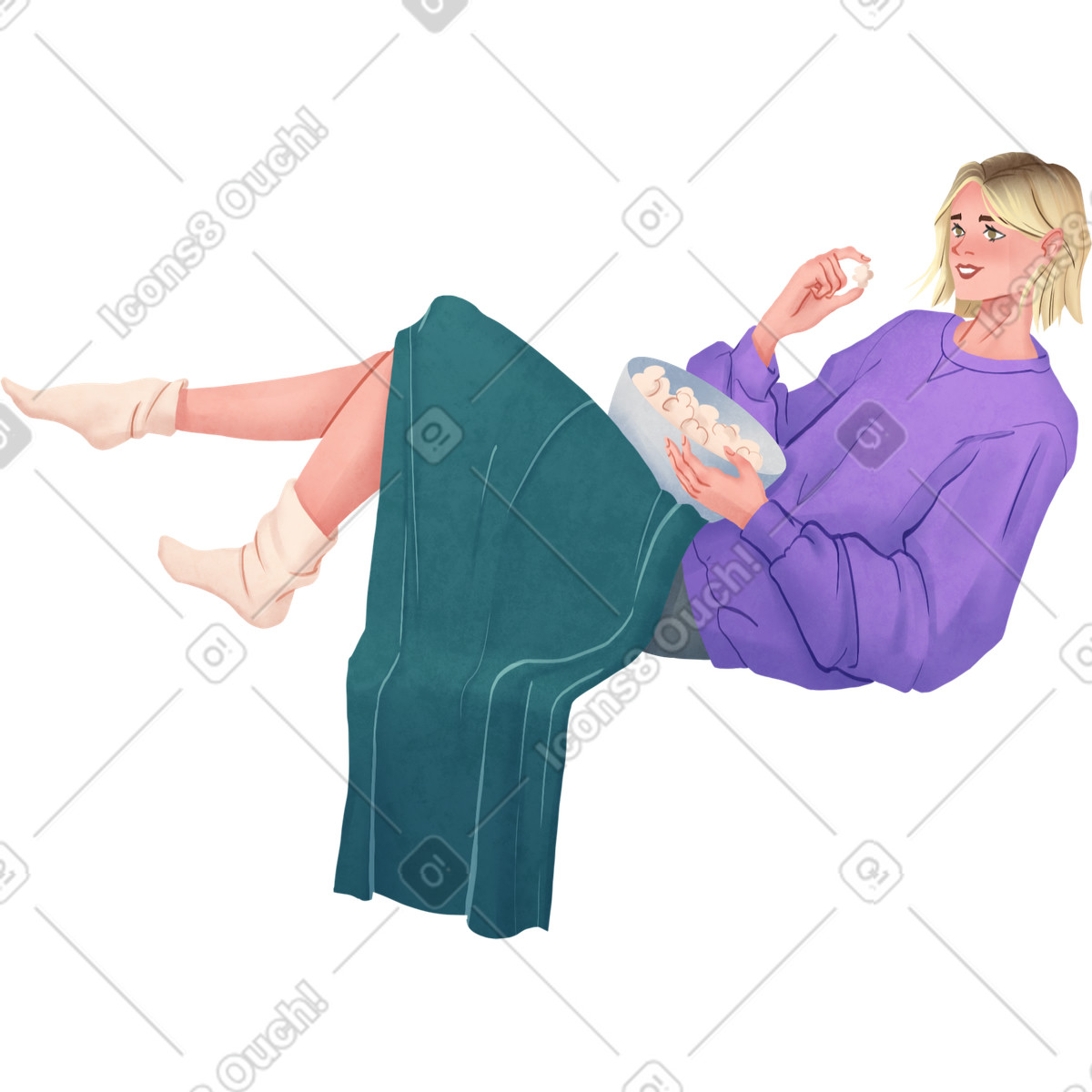 Woman lying with a blanket holding a bowl of popcorn illustration chill clipart PNG