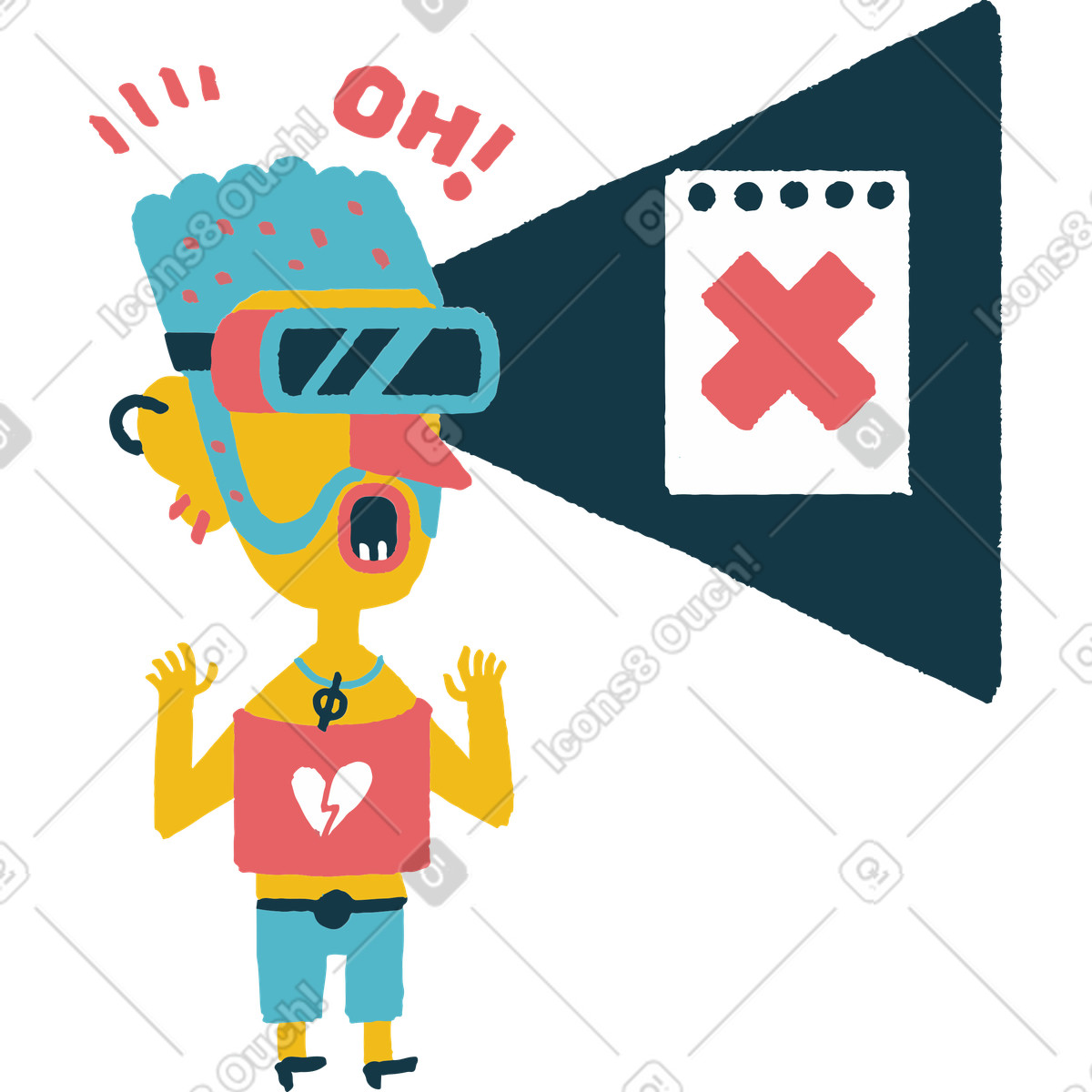 Virtual reality error, Wrong way or technical issue illustration in Flamenco style download in PNG, SVG