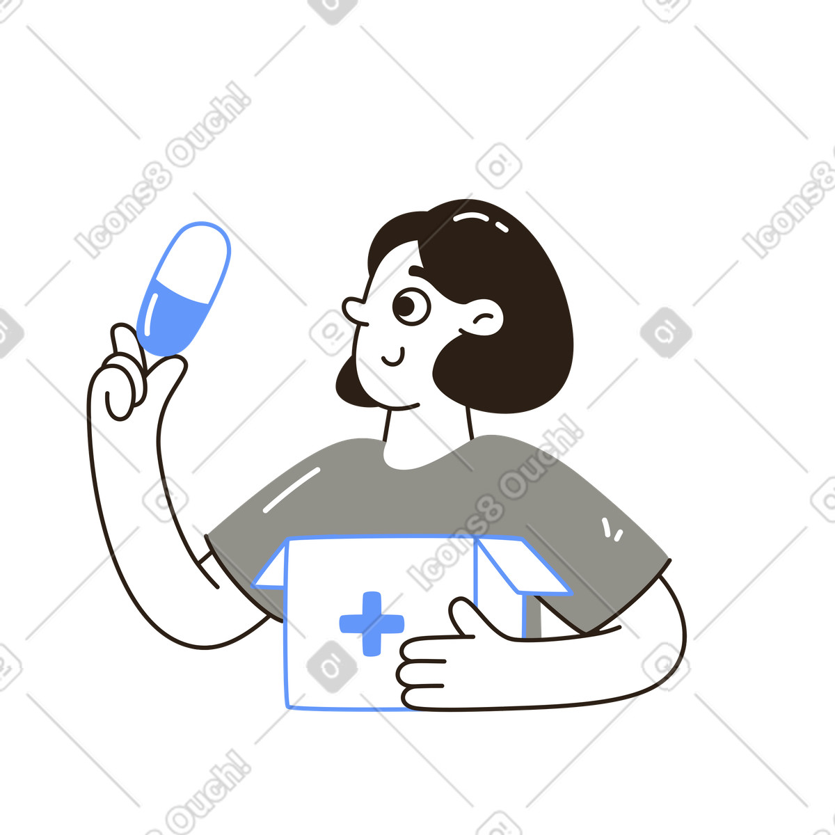 Medico che tiene in mano pillole e kit di pronto soccorso, distribuzione medicinali o servizi sanitari illustrazione stile Plain scarica PNG, SVG