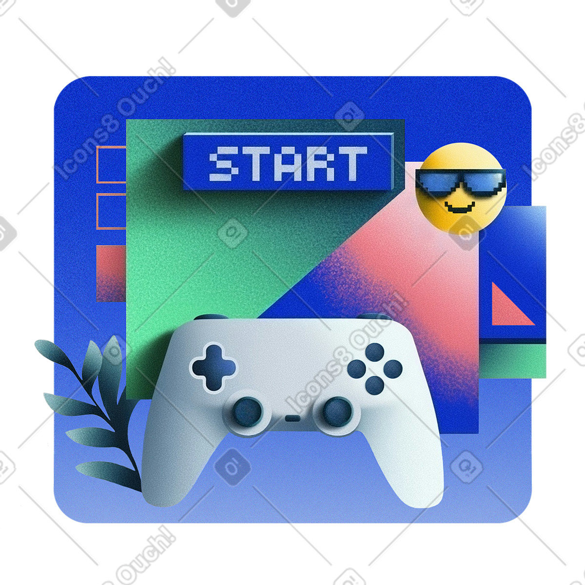 Game controller with start button and sunglasses emoji, Video launch screen illustration in Grainy style download in PNG, SVG